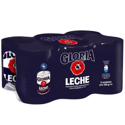 Leche Reconstituida Entera GLORIA Lata 390g Paquete 6und
